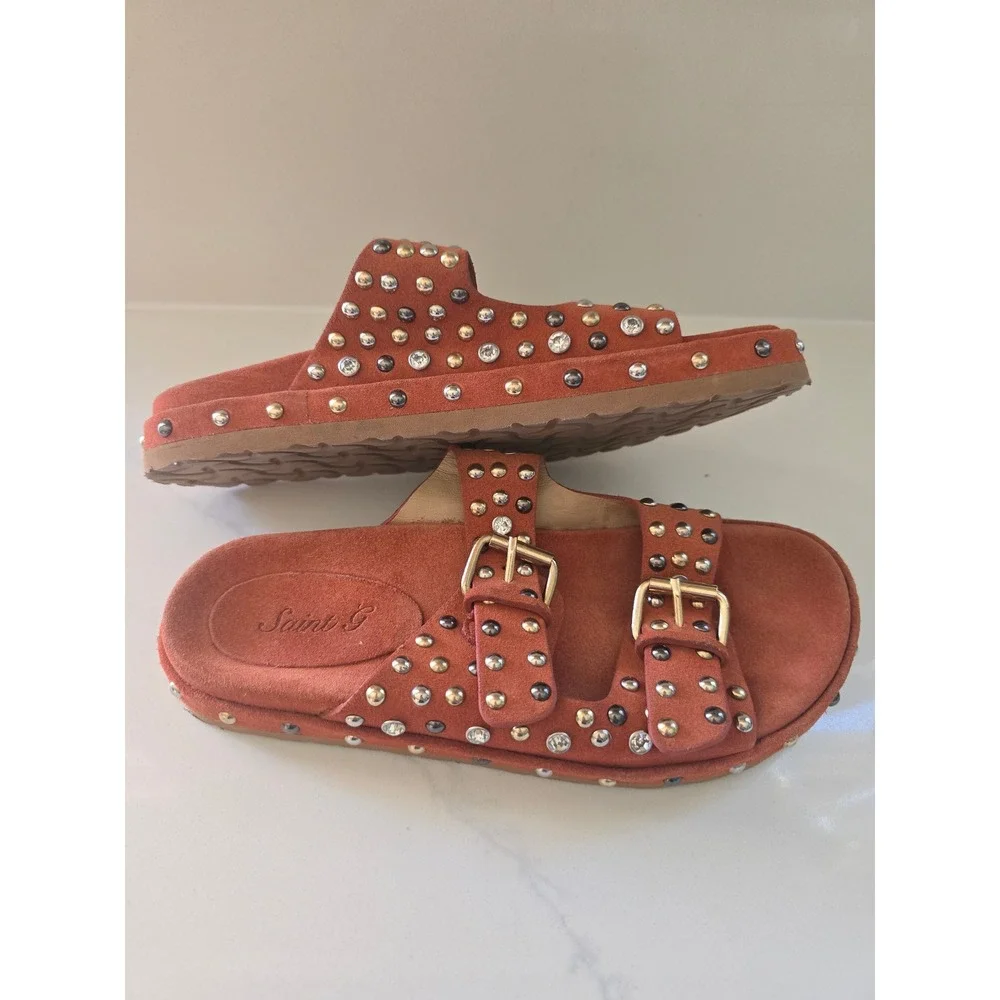 NWOT $215. Saint G Womens Rust Suede Studded Dbl Buckle Slide Sandals Size 6.5/7
